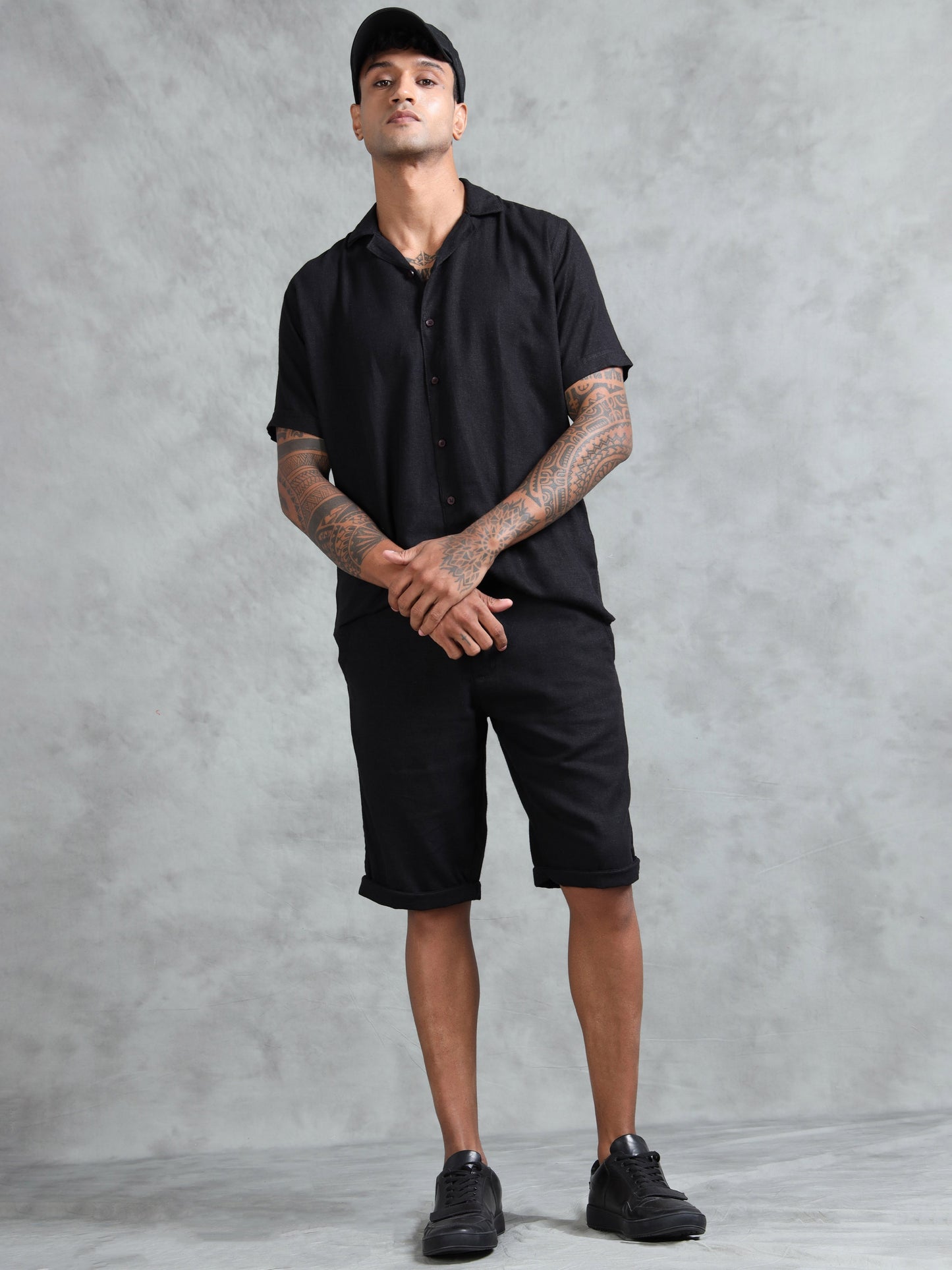 Cotton Viscose Linen Blend Black Cord Set