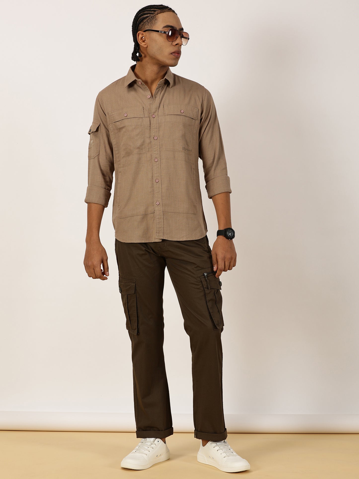 Multi Pocket Beige Cargo Shirt