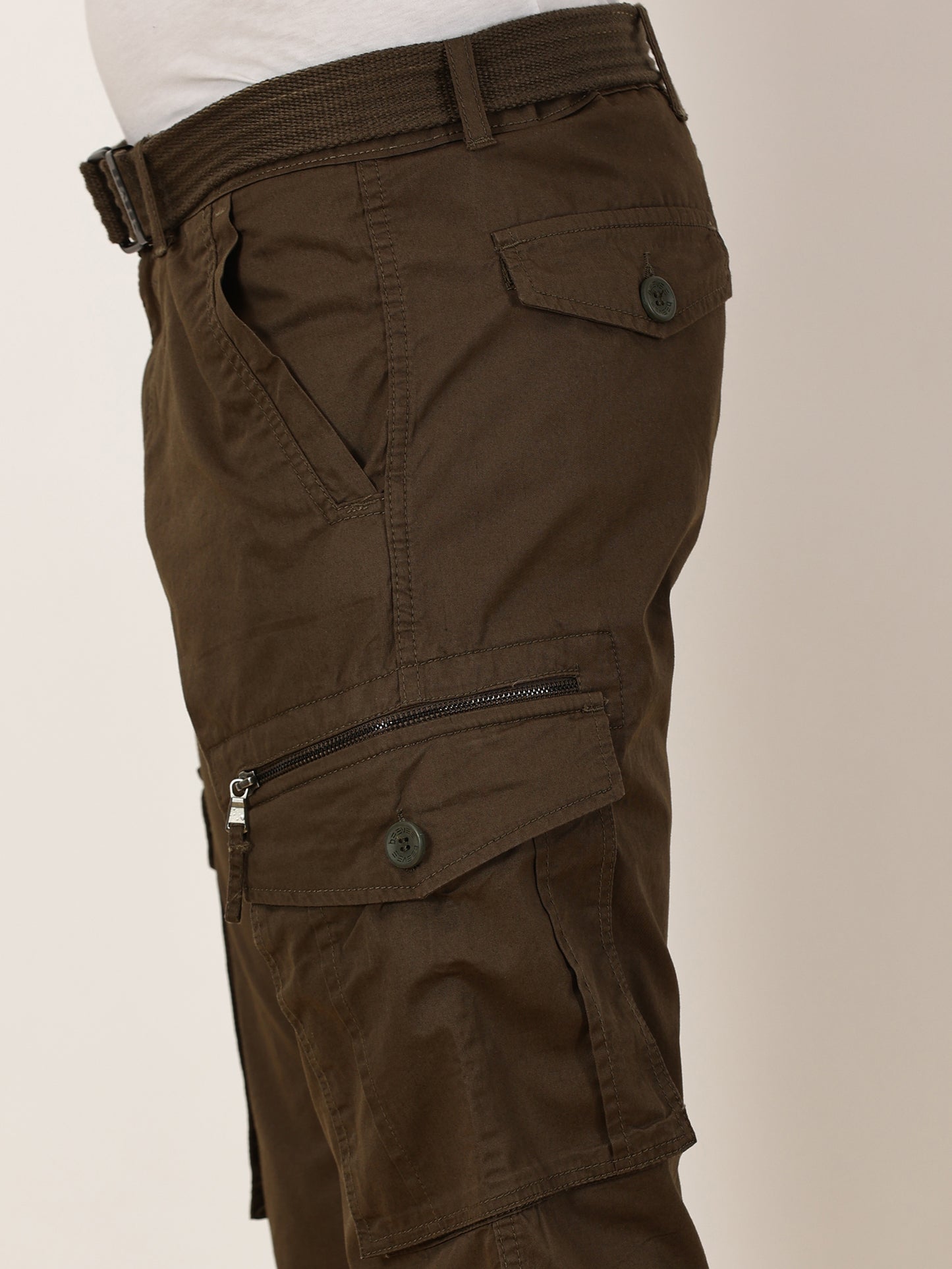 BEEVEE Men's Solid Olive Cargo Pants with Belt