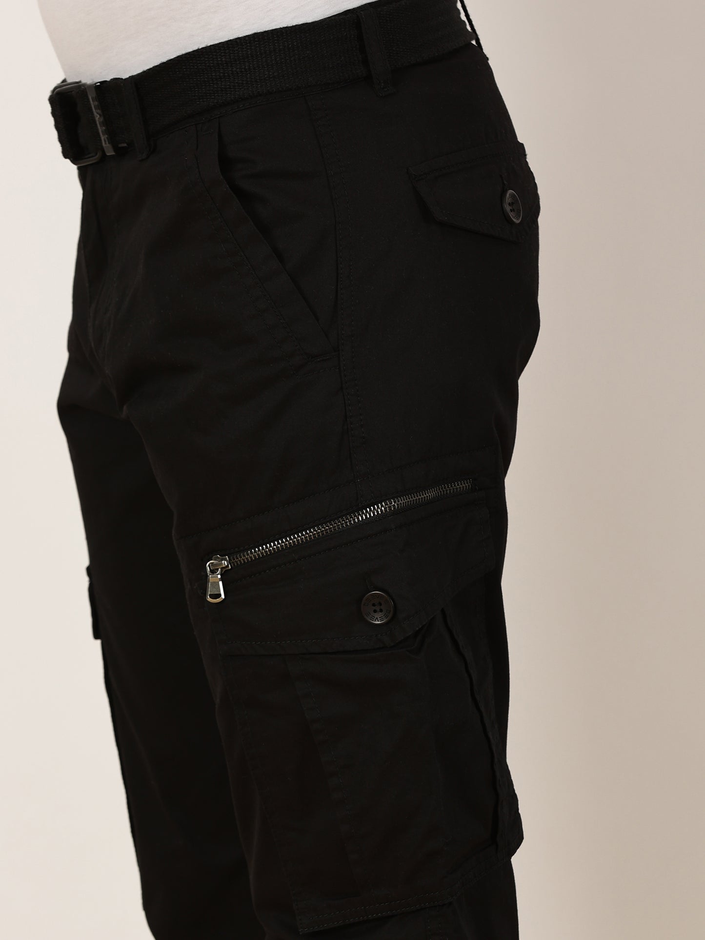BEEVEE Men's Solid Black Cargo Pants with Belt