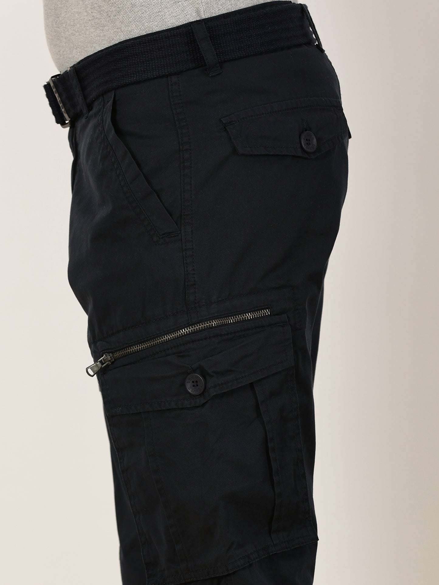 BEEVEE Men's Solid Navy Cargo Pants with Belt