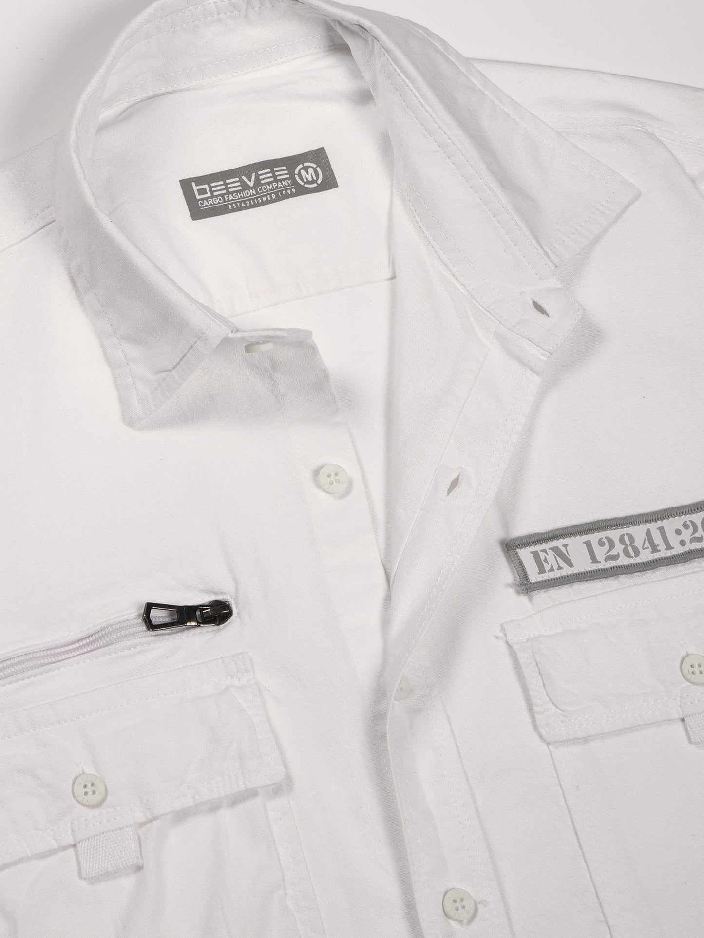 Zip Pocket Stretchable White Cargo Shirt