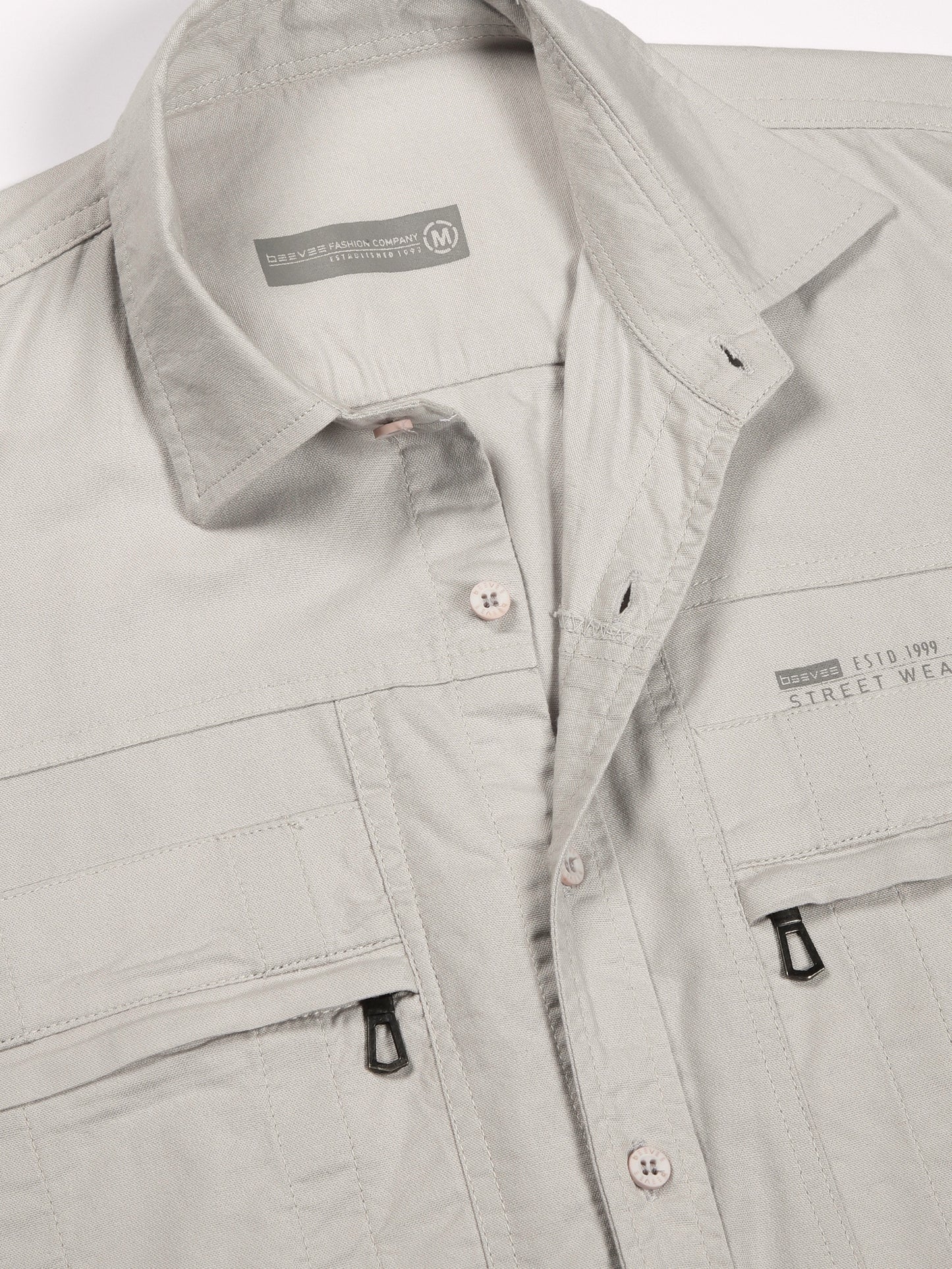Multi Pocket with Zip Stretchable Light Grey Cargo Shirt
