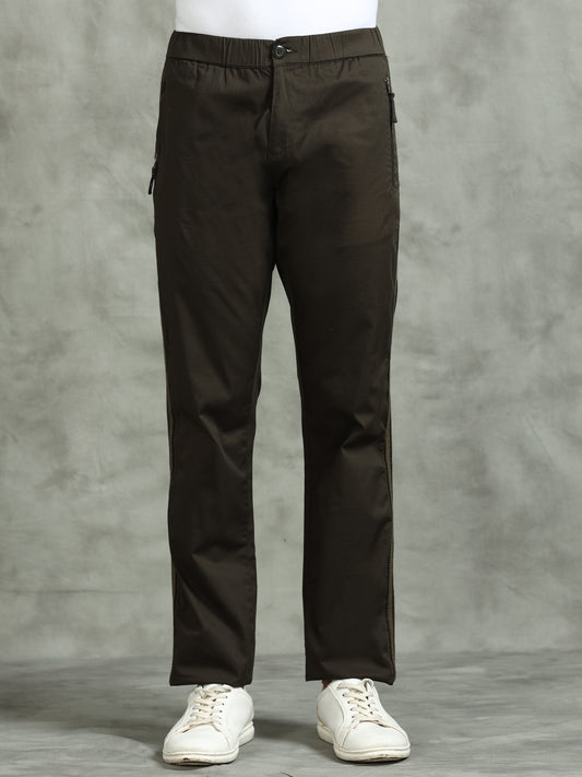 Elasticated Waist Zip Pocket Stretchable Olive Lounge Pants with Side Tape