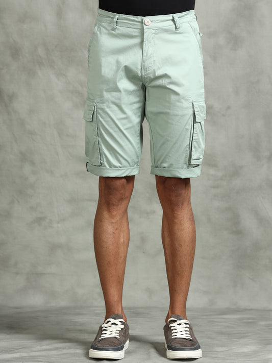 Zip Pocket Stretchable Green Cargo Shorts