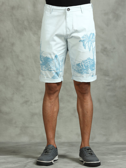 Printed Stretchable Sky Blue Shorts