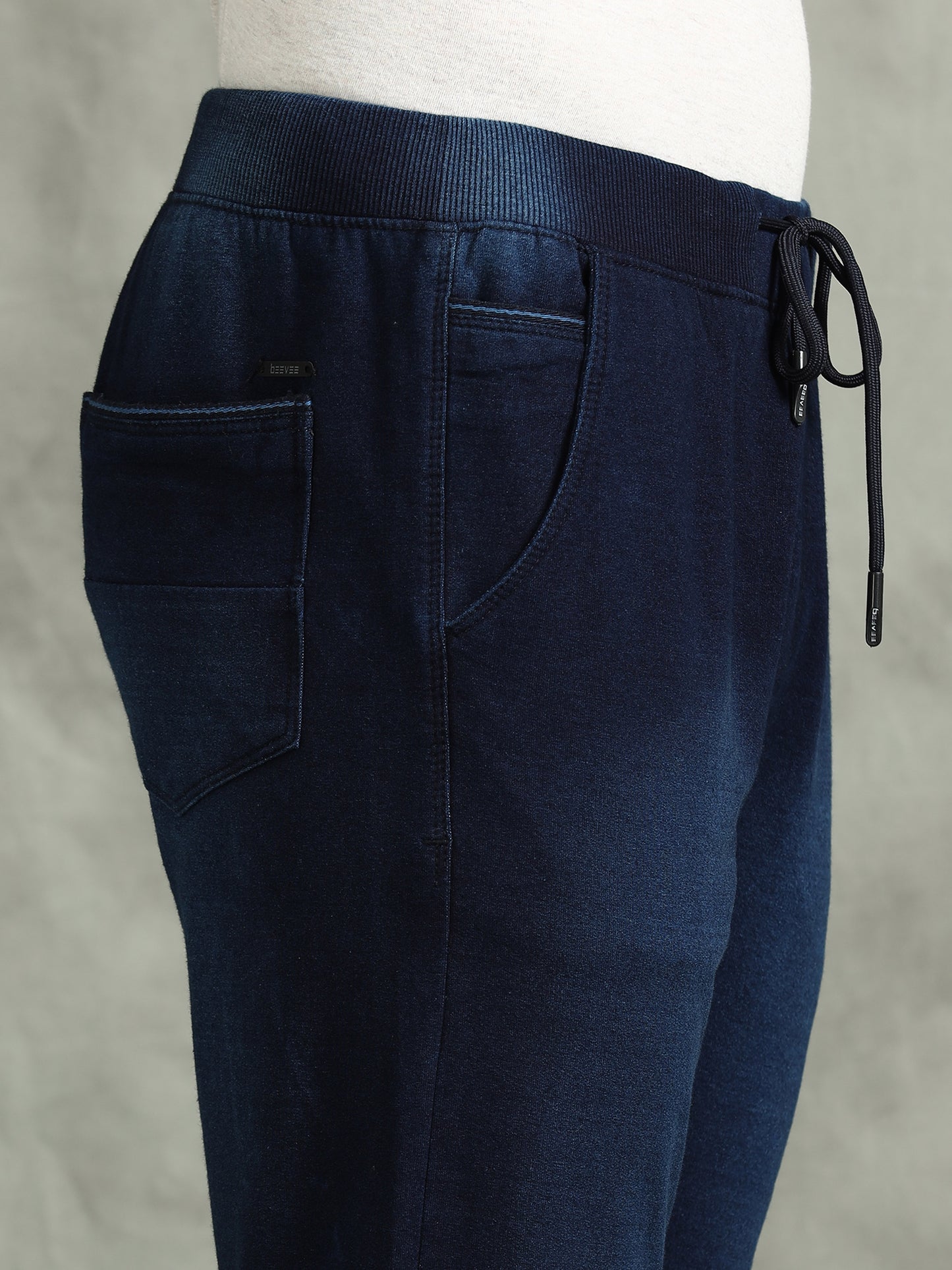 BEEVEE Men's Denim Solid Regular Fit Three Pocket Elasticated Waist Band Drawstring Casual Jeans