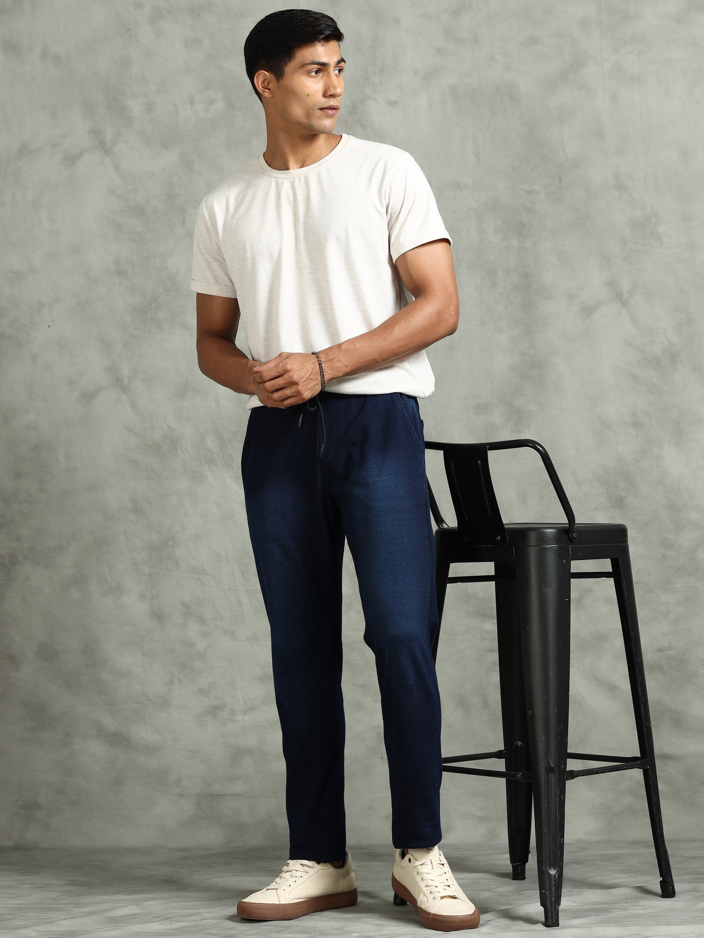 BEEVEE Men's Denim Solid Regular Fit Three Pocket Elasticated Waist Band Drawstring Casual Jeans