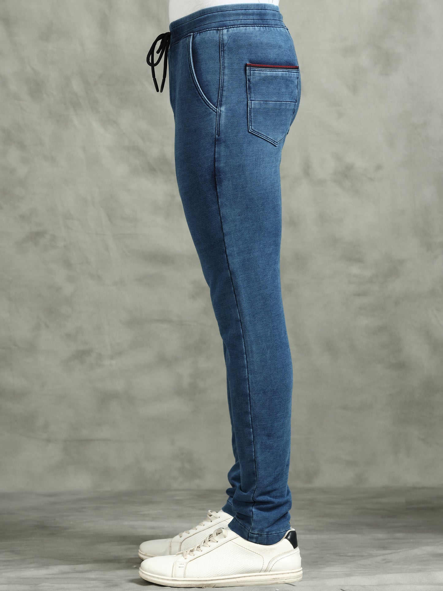 BEEVEE Men's Denim Solid Regular Fit Three Pocket Elasticated Waist Band Drawstring Casual Jeans