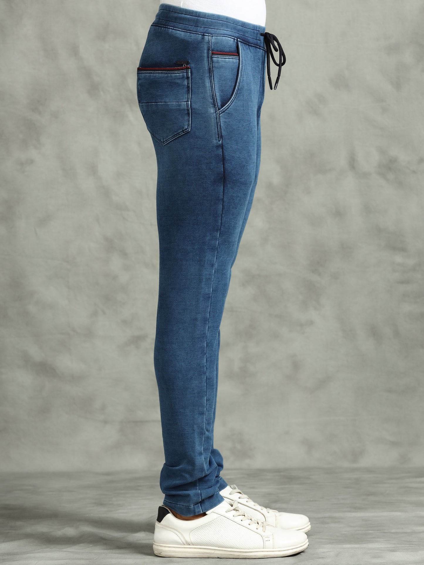 BEEVEE Men's Denim Solid Regular Fit Three Pocket Elasticated Waist Band Drawstring Casual Jeans