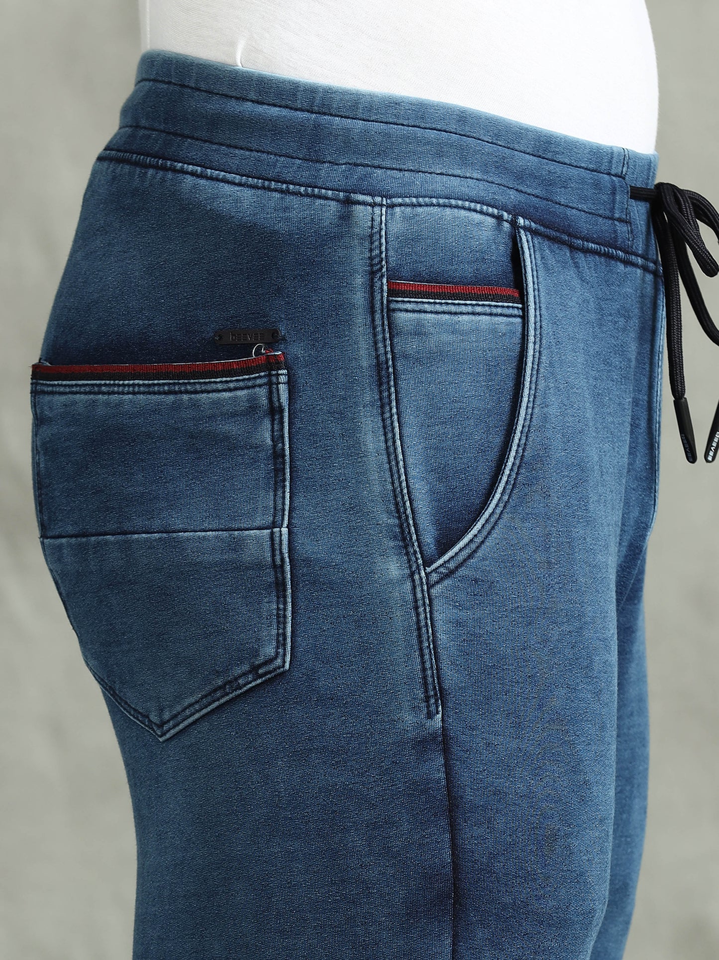 BEEVEE Men's Denim Solid Regular Fit Three Pocket Elasticated Waist Band Drawstring Casual Jeans