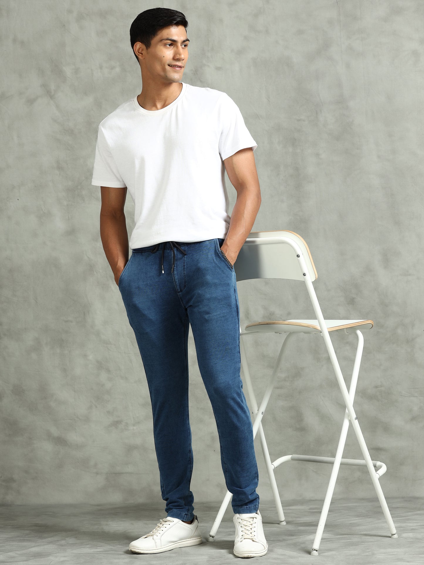 BEEVEE Men's Denim Solid Regular Fit Three Pocket Elasticated Waist Band Drawstring Casual Jeans