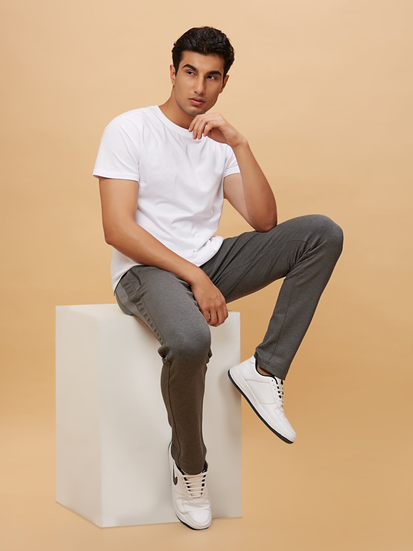 Men Printed Stretchable Track Pant-Grey Milange