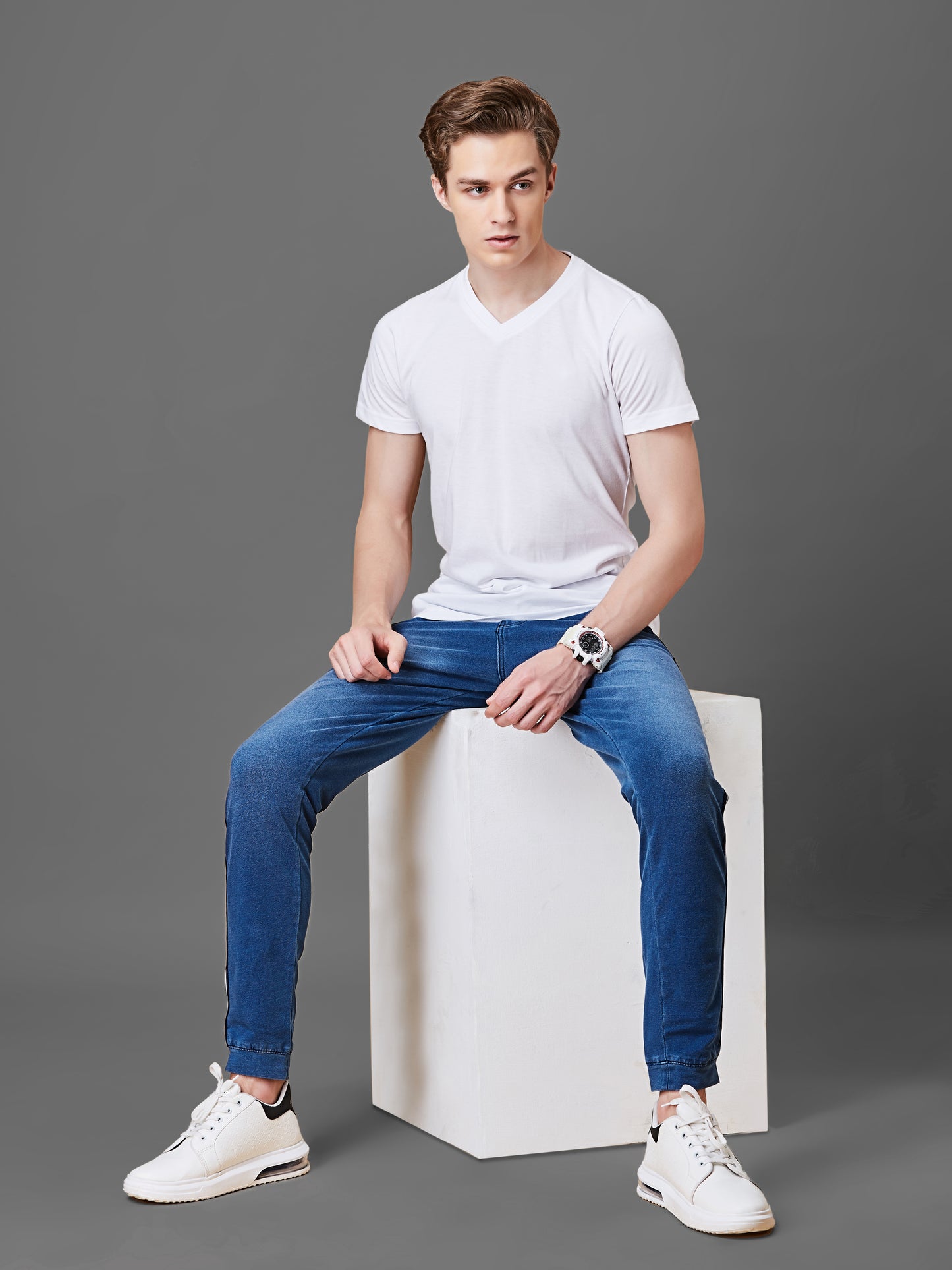 Elasticated Knit Denim Stretchable Light Blue Lounge Pants with Side tape