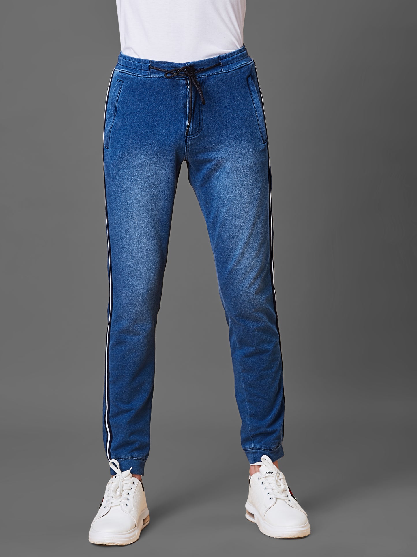 Elasticated Knit Denim Stretchable Light Blue Lounge Pants with Side tape