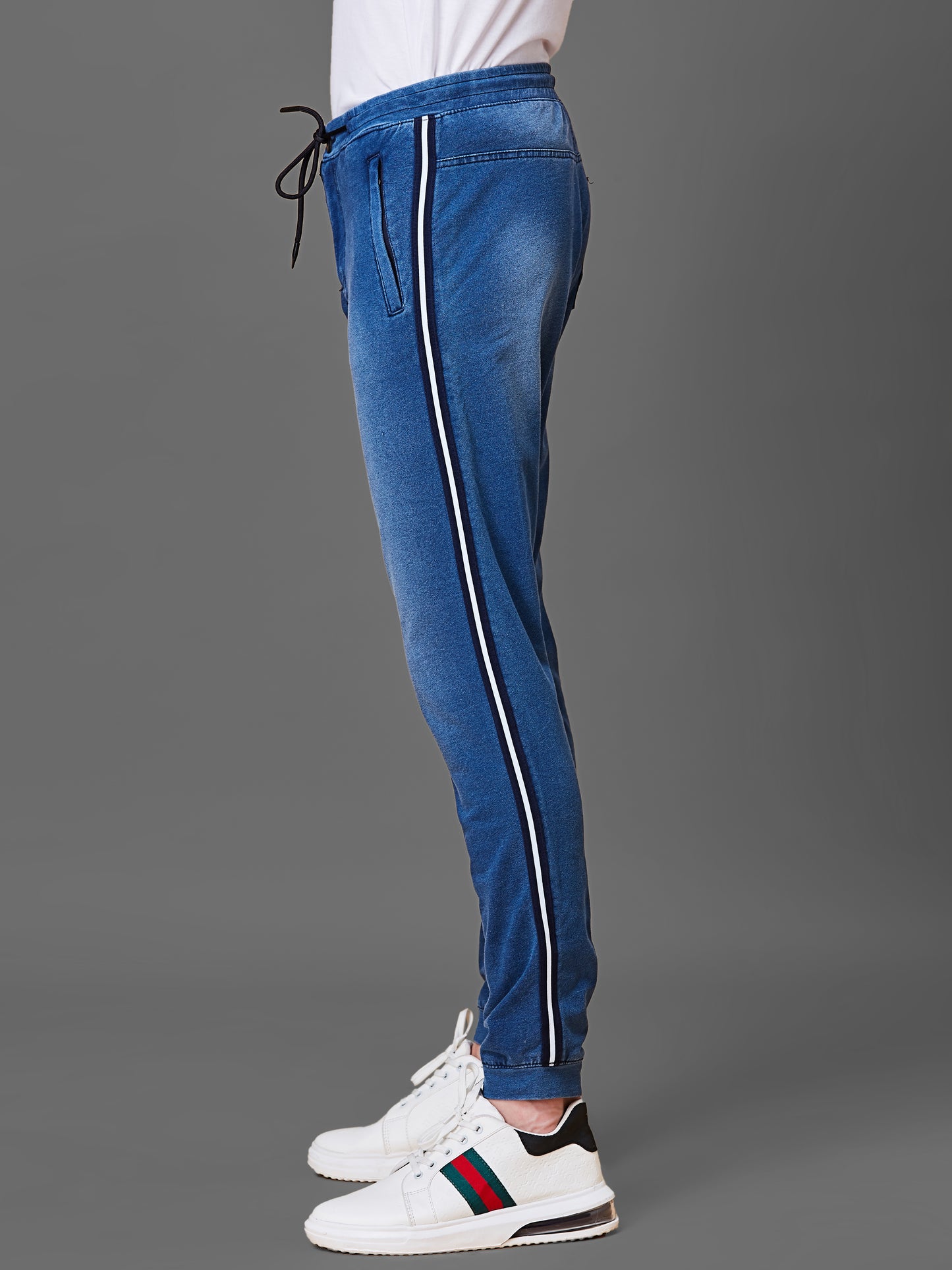 Elasticated Knit Denim Stretchable Light Blue Lounge Pants with Side tape