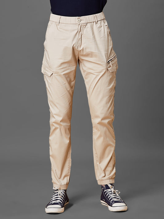 Elasticated Waist Multi Pocket Beige Jogger Lounge Pants