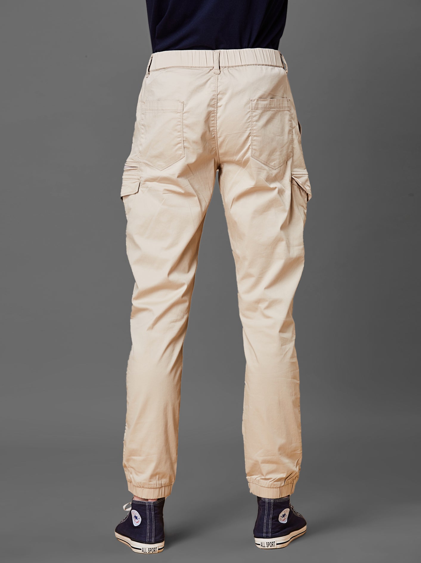 Elasticated Waist Multi Pocket Beige Jogger Lounge Pants