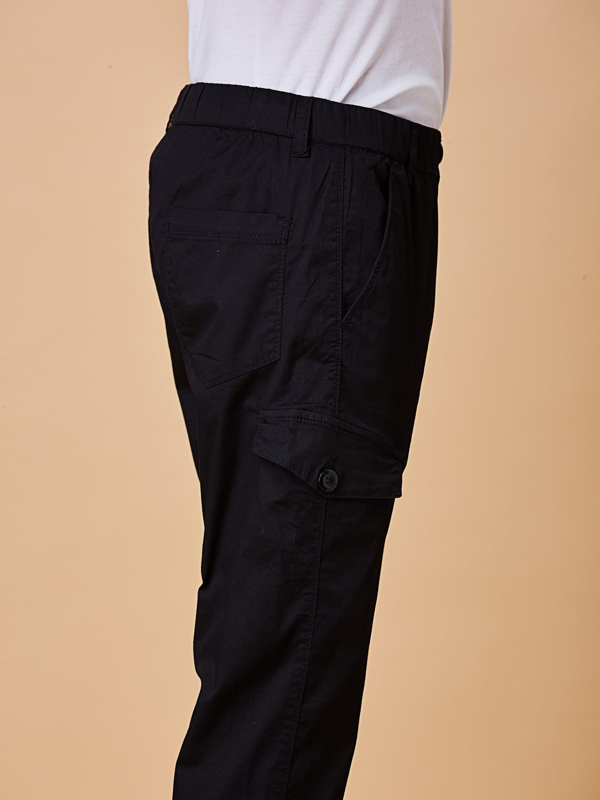 BEEVEE Men's Cotton Blend Solid Regular Fit Elasticated Waist Band Casual Jogger Cargo Black